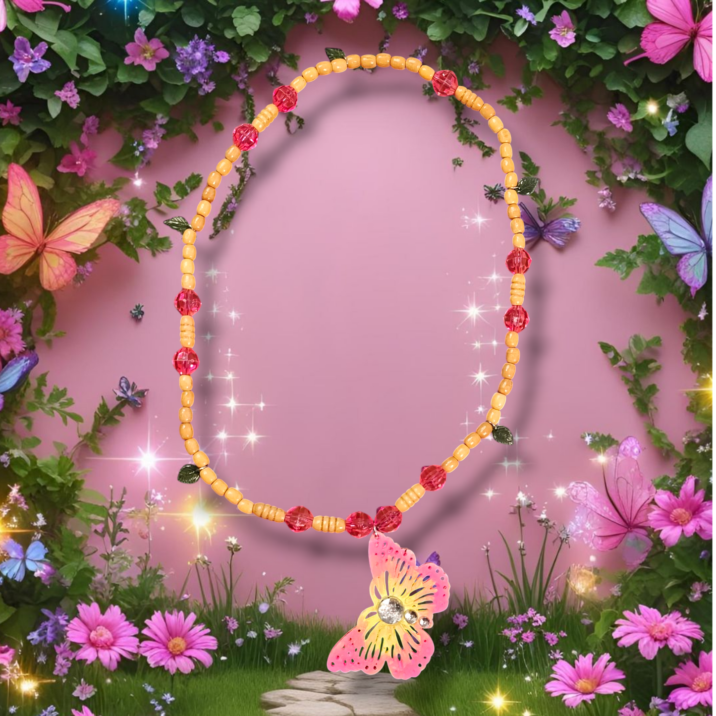 Fern Butterfly Wooden Beaded Stament Necklace