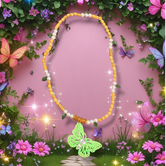 Sage Butterfly Green Wooden Beaded Necklace